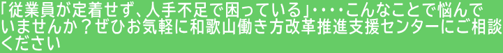 「従業員が定着せず、人手不足で困っている」・・・・こんなことで悩んで いませんか？ぜひお気軽に和歌山働き方改革推進支援センターにご相談 ください